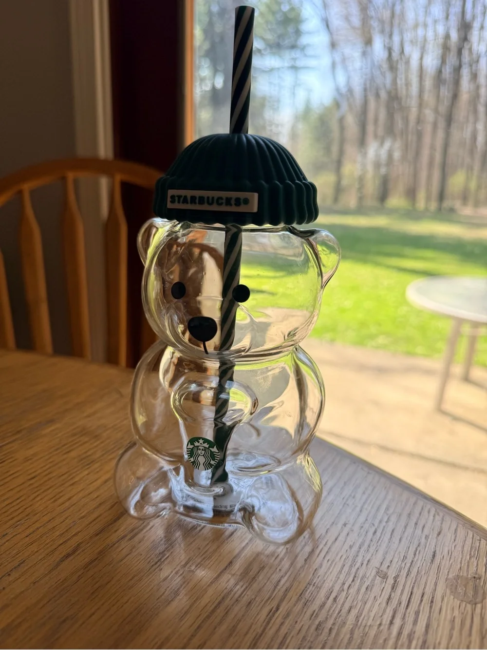 Clear Bear Tumbler with Green Beanie Lid and Striped Straw